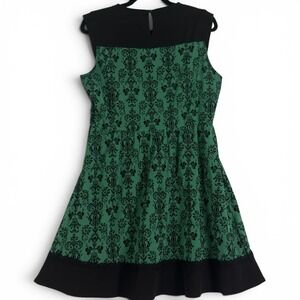 Esley Damask Green Velvet Print Fit and Flare Dress Womens Sleeveless Holiday